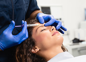 Close up of beautician expert's hands injecting botox in female