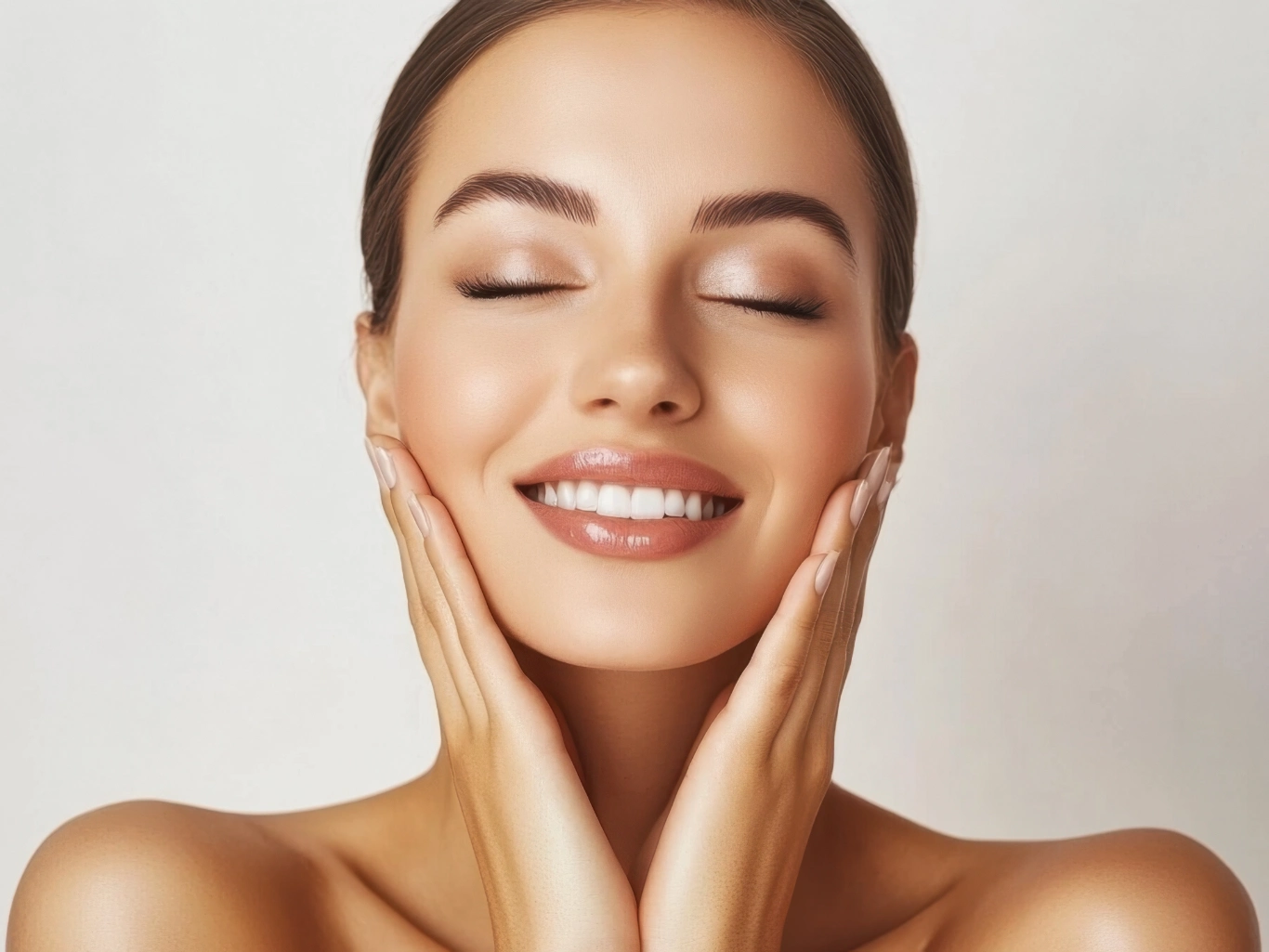 chemical peel and clean dermatology Happy model touching face after facial laser aesthetics